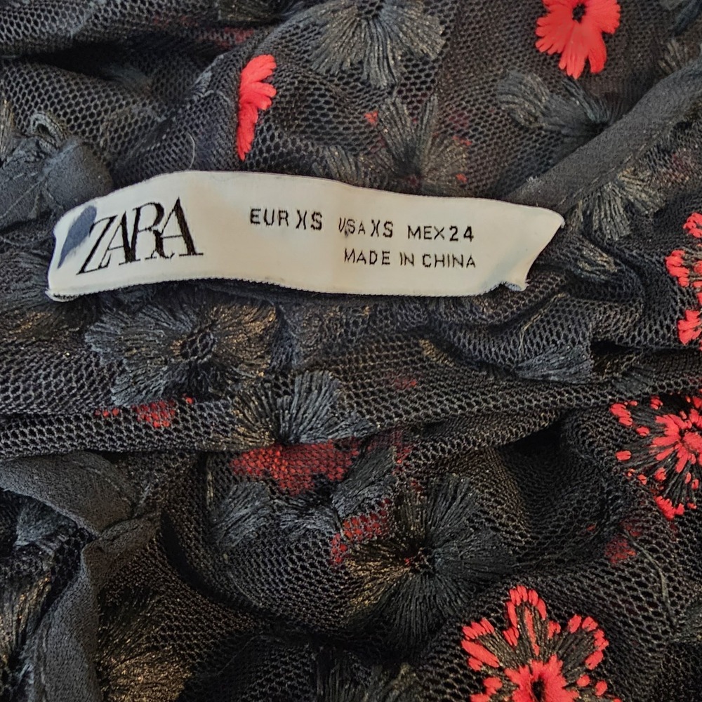 Zara Floral Oversized Long Sleeve Black Red Maxi Dress Sheer Lace Flowers XS - Picture 2 of 8